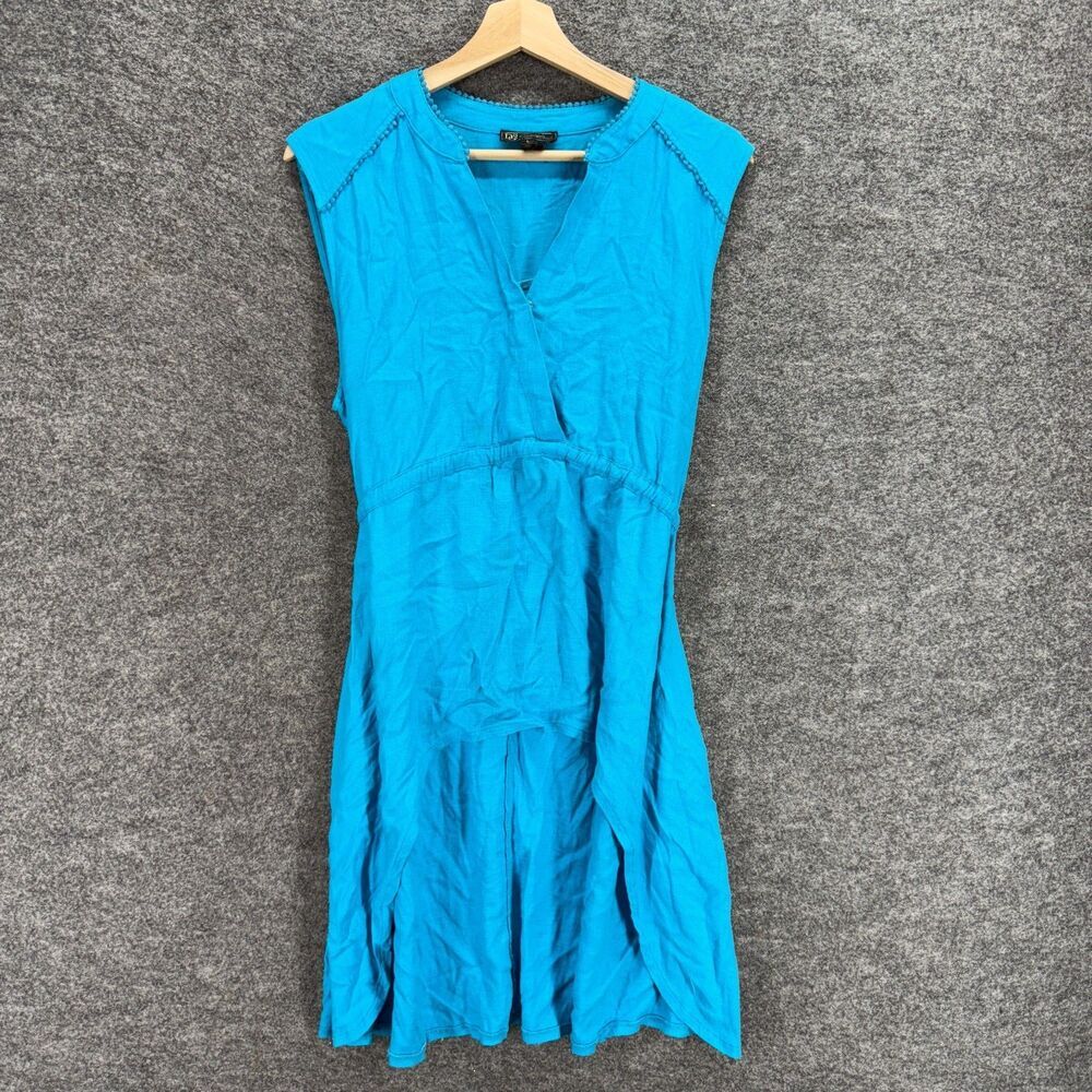 DG2 Blouse Women L Large Blue V-Neck Sleeveless Elastic Waist Belted Linen